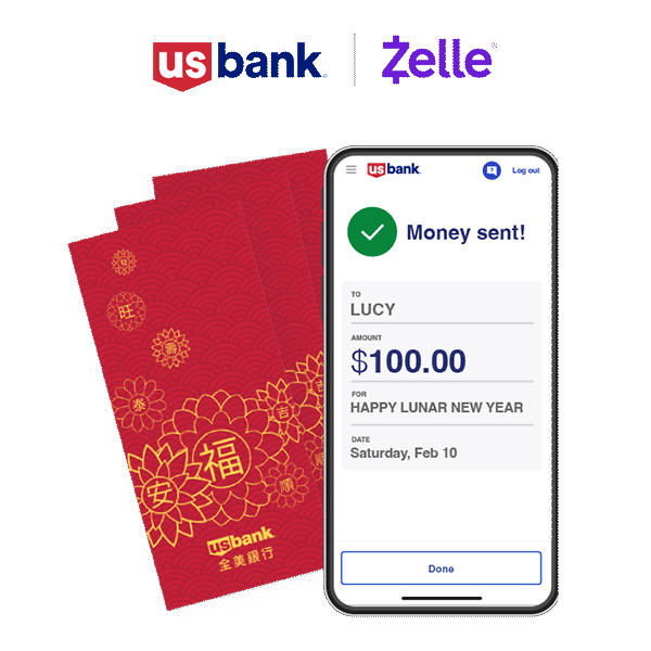 Red envelopes under a phone screen showing a ‘money sent’ Zelle confirmation.