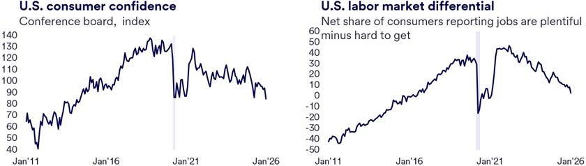 Line charts display U.S. Consumer Confidence and U.S. Labor Market Differential from January 2011 to January 2026, with Consumer Confidence index ranging from 40 to 140 and Labor Market Differential net share from -40 to 60. Both charts show a sharp drop around 2020, followed by partial recovery and recent declines, with Consumer Confidence peaking near 140 and Labor Market Differential near 50 before trending downward. 