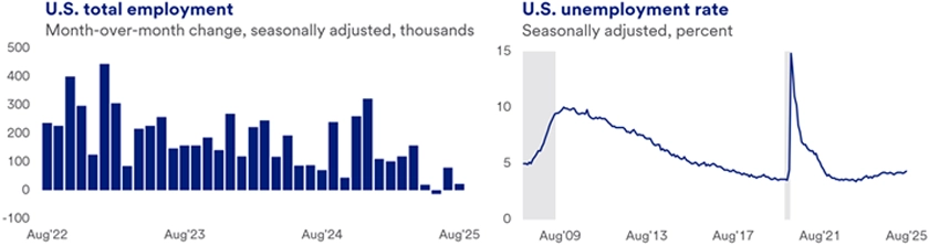 Bar graph showing U.S. total employment changes from August 2022 to August 2025, and line graph for unemployment rate. The bar graph showcases trends in overall workforce growth or decline over time. Each bar represents monthly data points, with the height of the bars indicating the total number of employed individuals during that period. The accompanying line graph charts the unemployment rate for the same period, providing a clear depiction of fluctuations in joblessness.  
