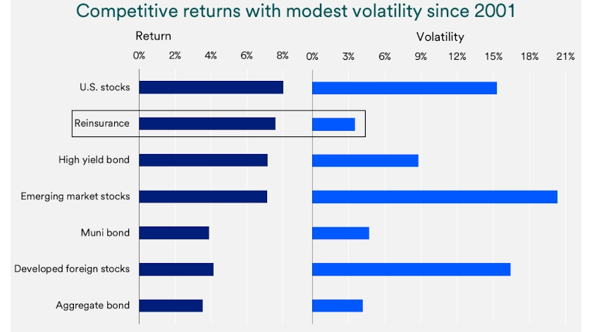 Chart shows reinsurance returns and volatility: 2001-2026.