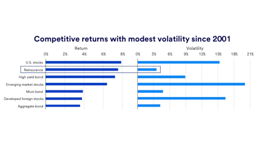 Chart shows reinsurance returns and volatility: 2001-2025.