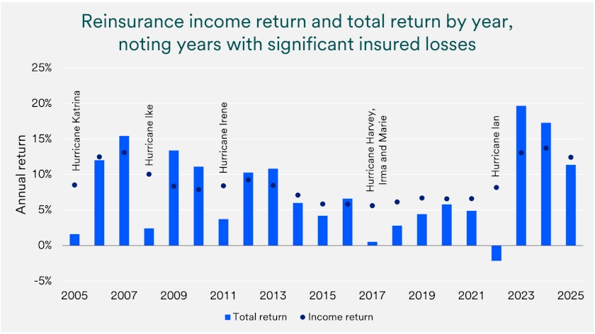 Chart shows reinsurance income return and total return by year: 2005-2025.