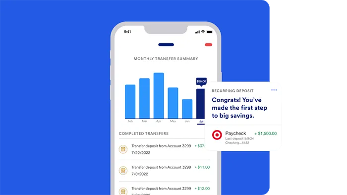 Example mobile app view of monthly savings transfers and recurring deposits.