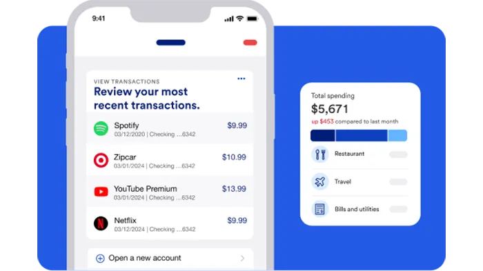 Mobile app view showing bills and transactions across expense categories like Dining, Travel and Utilities.