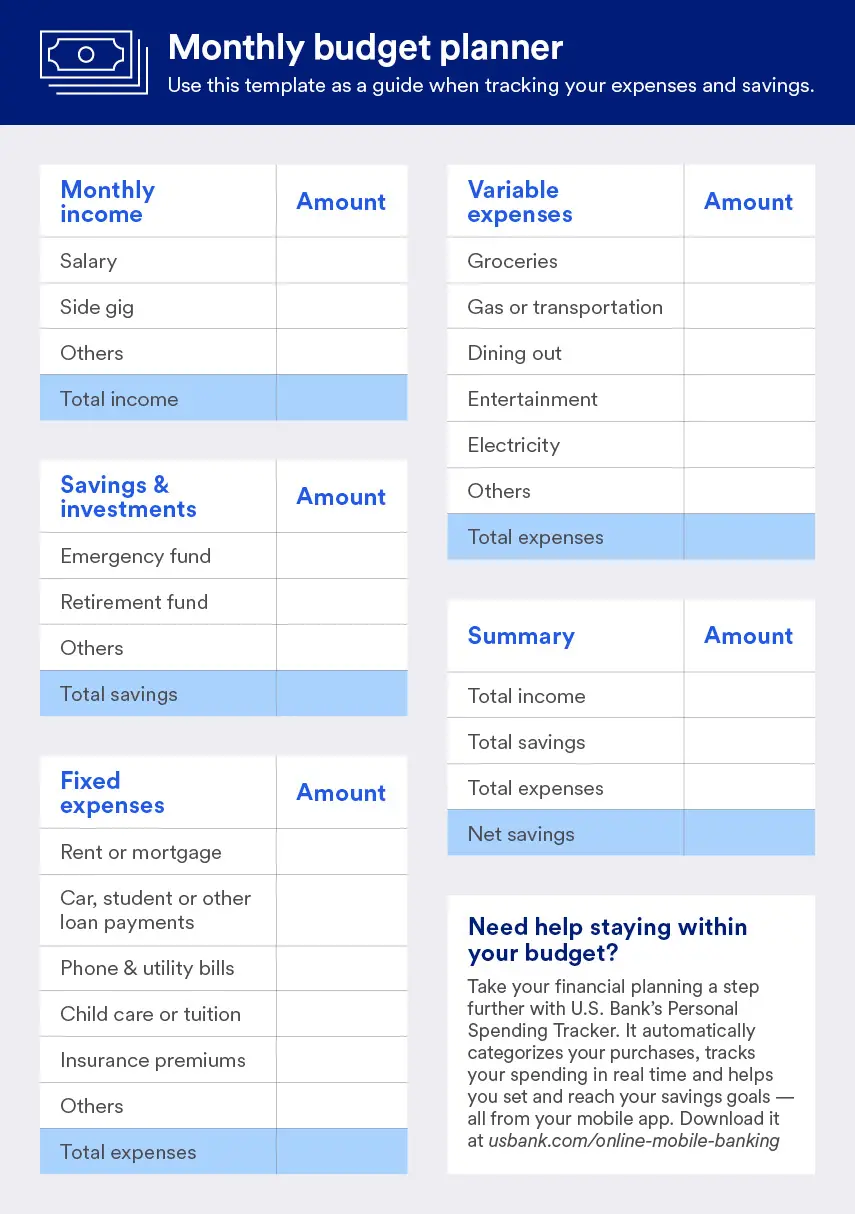 A monthly budget planner template where users can input their monthly income, savings and spending on fixed expenses and variable expenses. 
