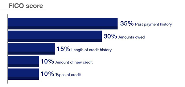 Graph showing the 5 criteria that go into a FICO score