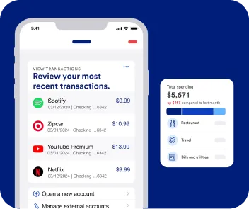 Recent transactions screen with total spending callout in the mobile app