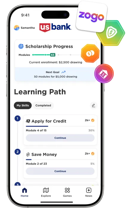 The U.S. Bank Scholarship version of the Zogo app on a mobile phone, surrounded by retailer gift cards from Starbucks, Amazon, Apple and Target.