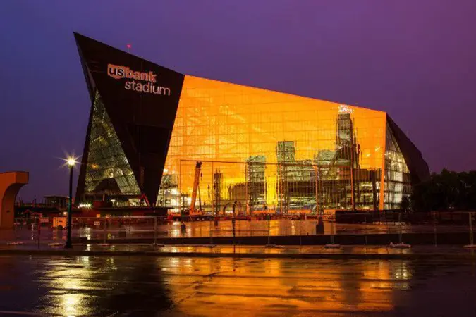 U.S. Bank Stadium at dusk.