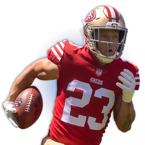 San Francisco 49er Christian McCaffrey runs with a football in his uniform.