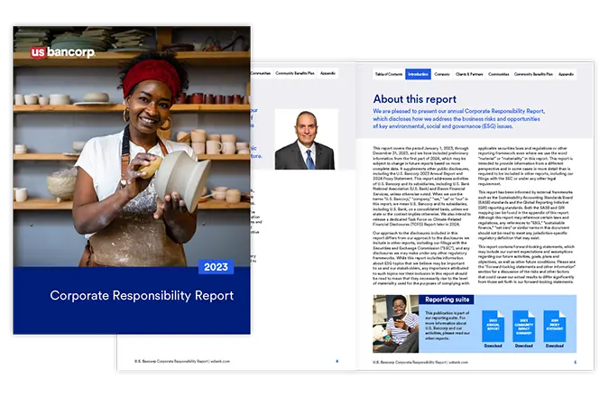 Cover and 2 interior pages of the 2023 U.S. Bank corporate responsibility report.
