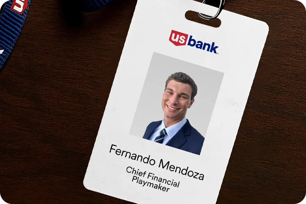 A U.S. Bank employee bad featuring Fernando Mendoza.