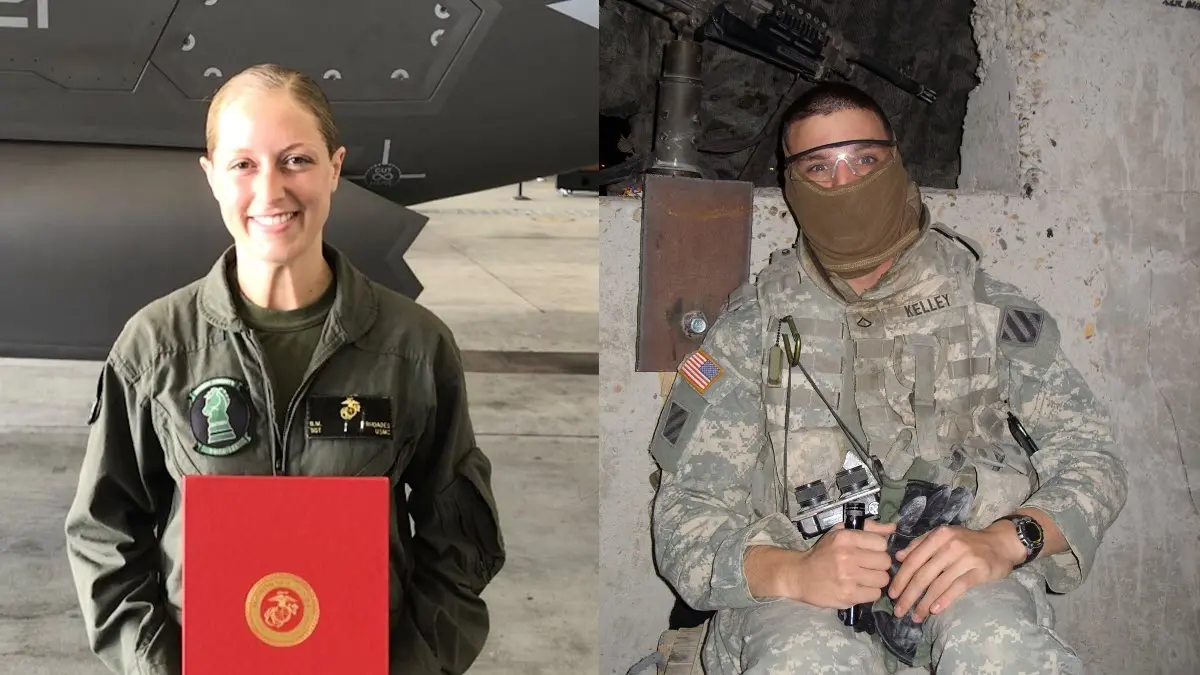 Split screen photo of a woman holding a certificate and a man in combat gear