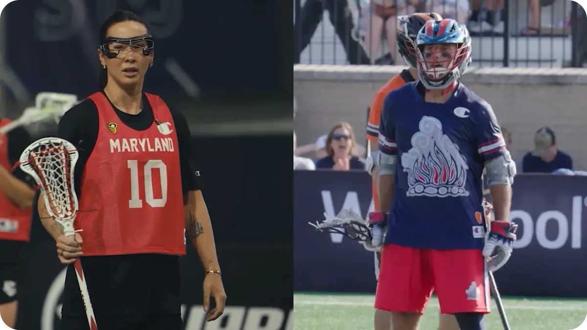 A composite of photos of a man and woman lacrosse player.