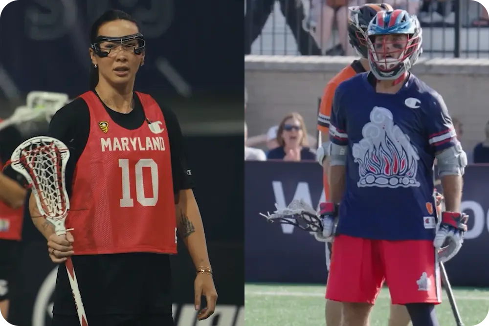 A composite of photos of a man and woman lacrosse player.