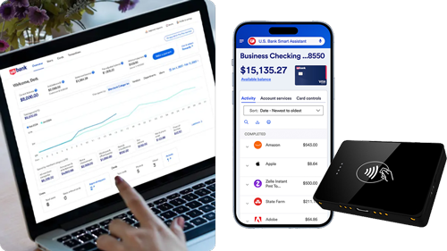 photo collage of computer, mobile app and POS system offered by U.S. Bank