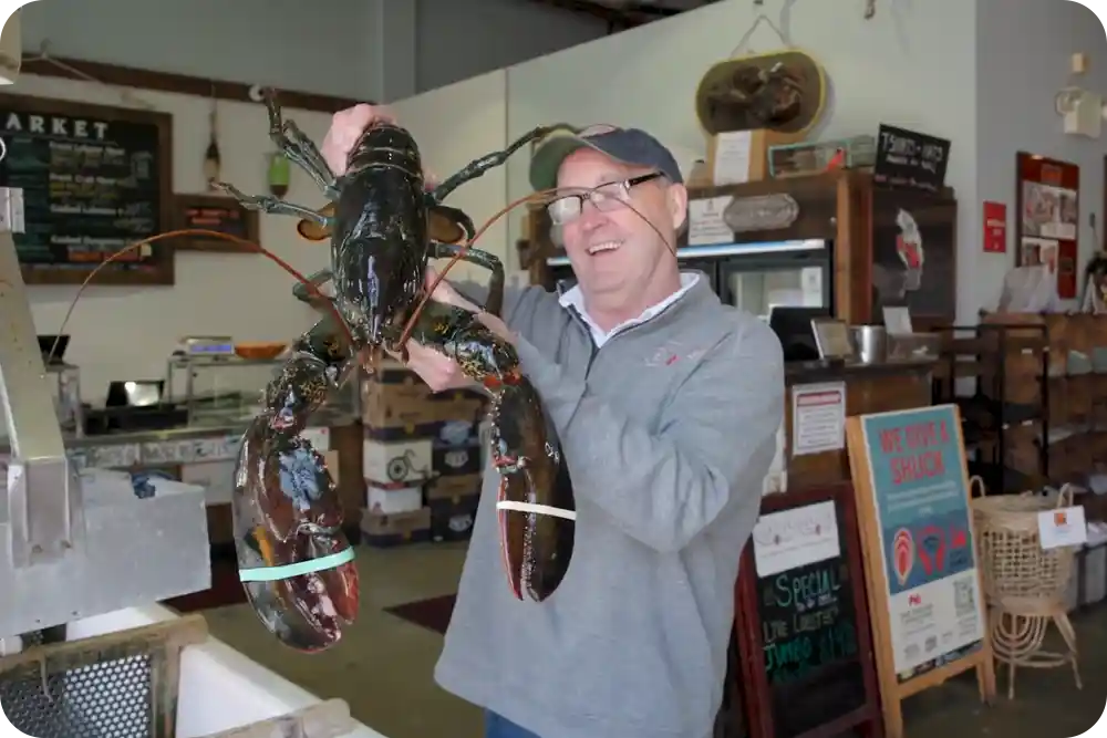 A man at a restaurant counter holding a very large lobster