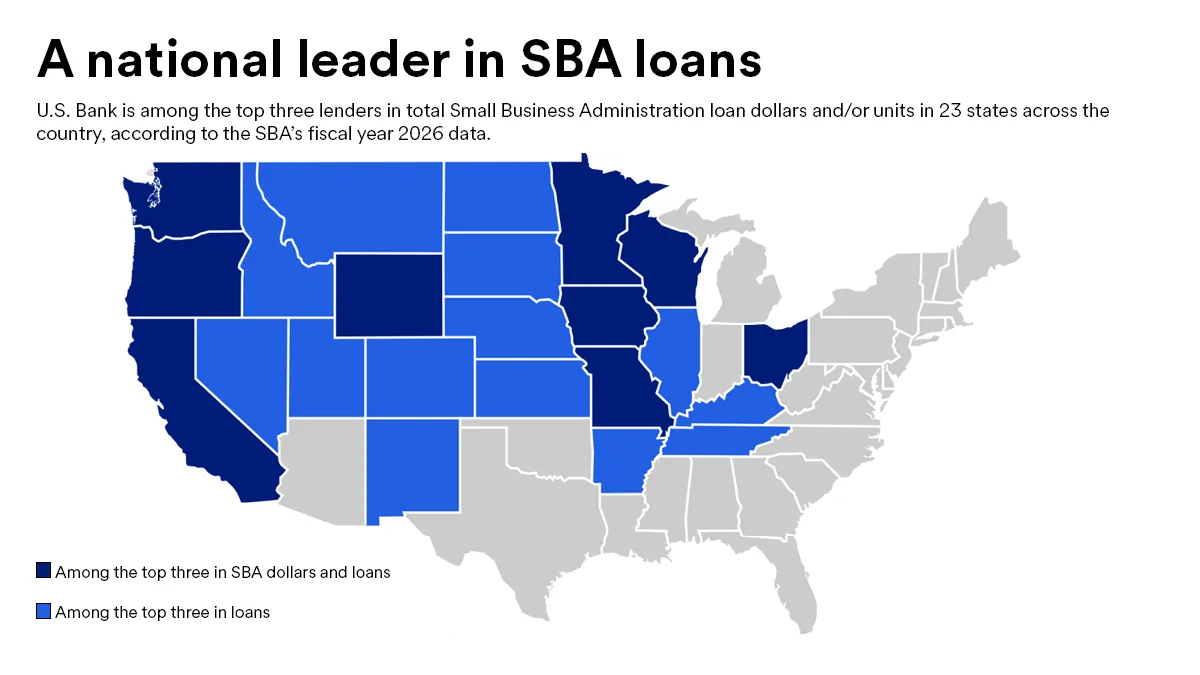 U.S. map with states highlighted based on the bank's SBA rankings.