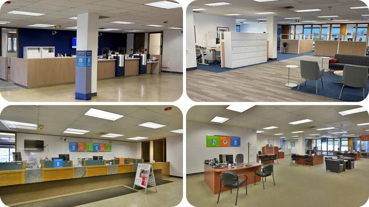 Four photos of a bank branch showing before and after a recent renovation.