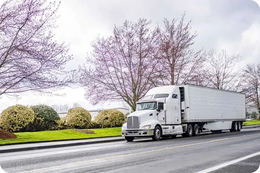 A semi truck on a highway at springtime.
