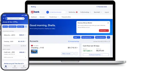 U.S. Bank business checking account interface displayed on both a smartphone and laptop screen