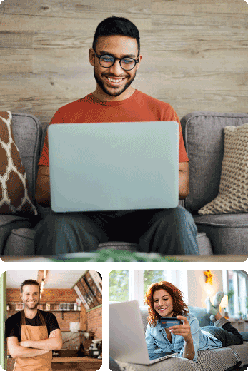 Collage of three images including a man working on a laptop, a man in a workshop wearing a smock and a woman working on a laptop