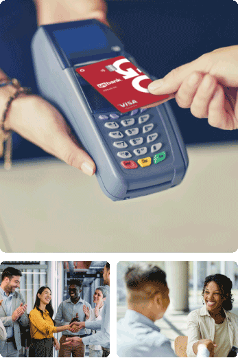 Collage of images including a credit card held over credit card reader device, a group of coworkers shaking hands and two people meeting