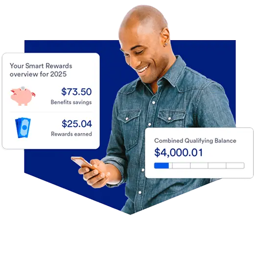 Person smiling viewing bank rewards earned