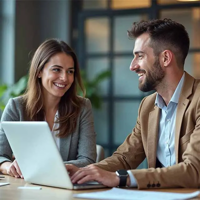 Two people smile at a laptop, discussing options to find the best loan for their clients.