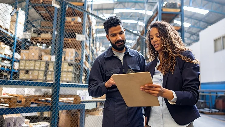 A man in a blue jumpsuit and a woman in a blazer look at a clipboard together in a warehouse.