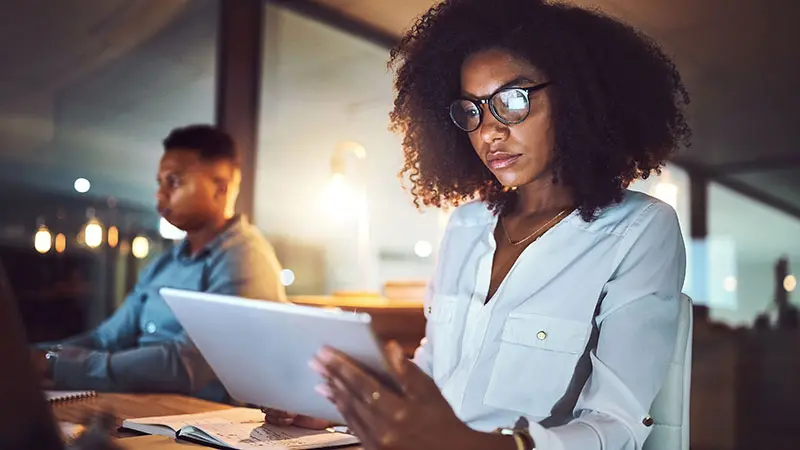 Woman working on a tablet device