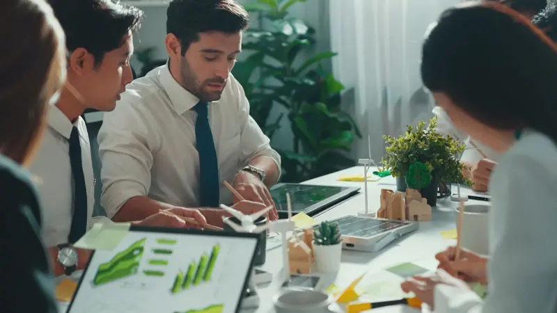 Five young professionals at a table looking at charts and explaining what are green finance products