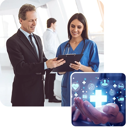 Healthcare administrator and nurse looking at a clipboard and discussing automated workflows