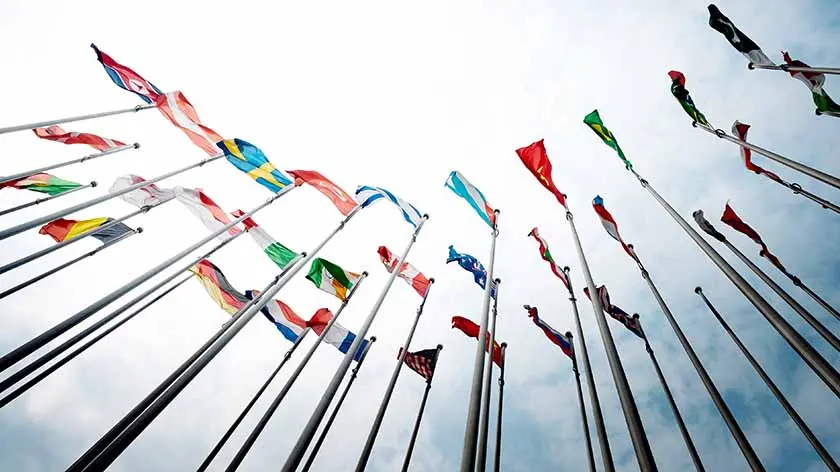 Flags of more than 25 countries flying in the wind, signifying global economic growth. 