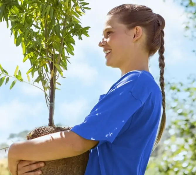 Young woman carrying small sapling.
