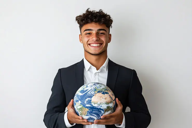 Young smiling man wearing a blazer and holding a globe and talking about sustainable time deposits 