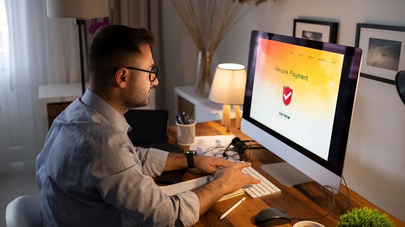 Man at computer looking at payment card industry security standards
