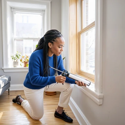Woman applying silicone sealant to window