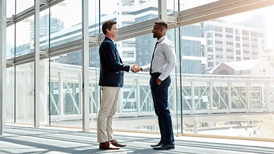 Two professional men shaking hands in front of a large window