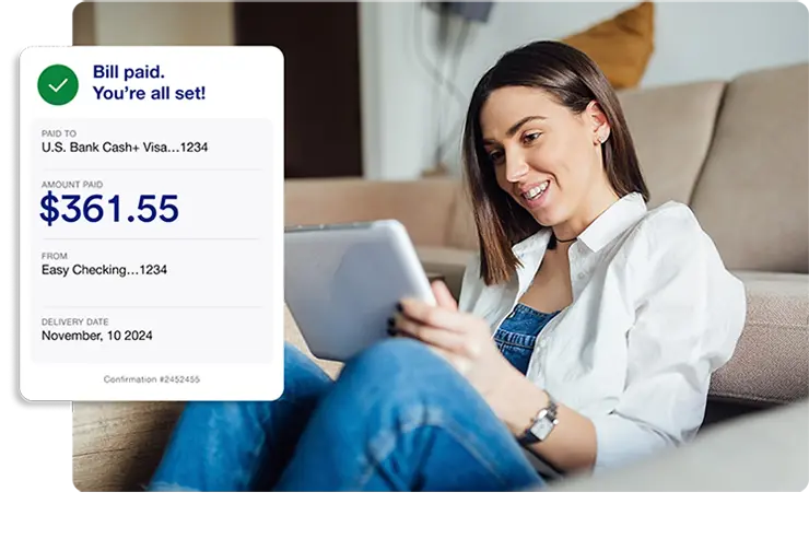 Person using a tablet with an overlay showing a completed online bill pay transaction