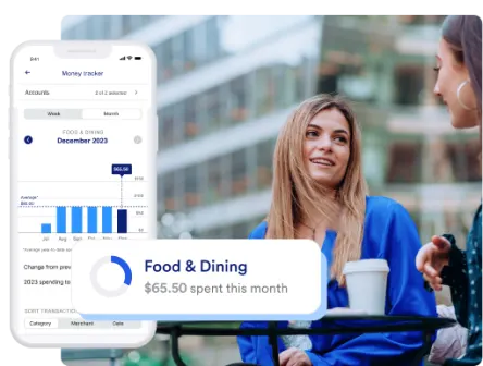 Women talking over coffee. Mobile app phone tracking transactions across expense categories like food and dining.