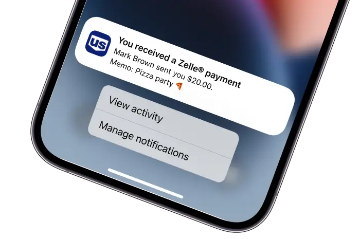 Account notification of a Zelle payment received seen in the U.S. Bank mobile app
