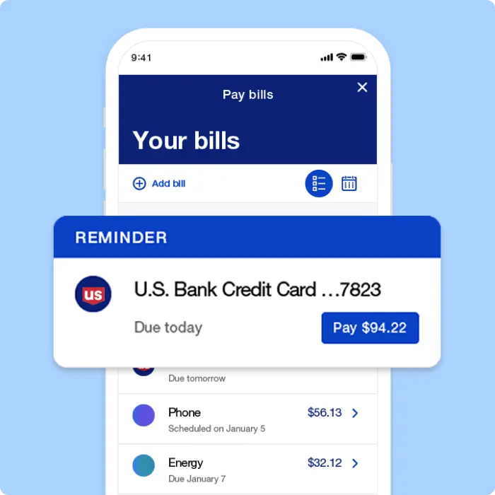 Bill pay reminder displaying in the U.S. Bank Mobile app