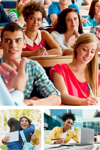Collage of images: Young men and women in a classroom setting; two students embracing; young woman working on her laptop in a classroom