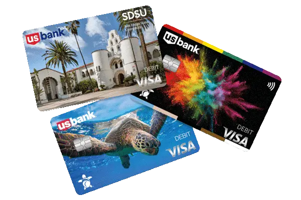 Three U.S. Bank debit card images featuring various lifestyle images. 