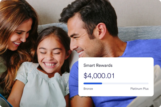 Family on a sofa enjoying time together with overlay of Smart Rewards snapshot