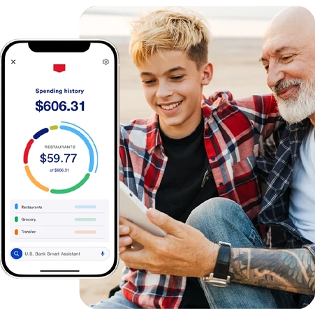Checking account spending summary displayed in the mobile app beside a photo of a teen and a father smiling while looking at a phone during their vacation