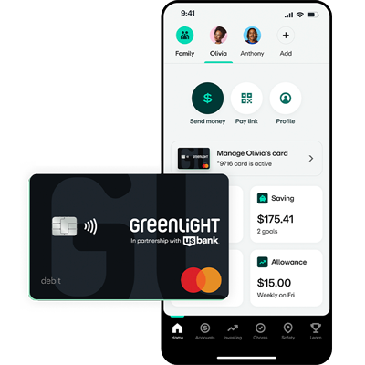 Greenlight debit card for kids alongside a view of the app