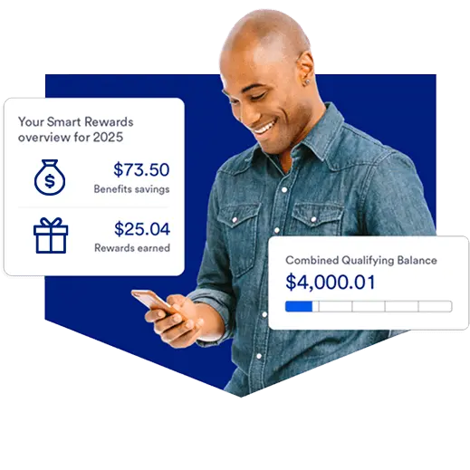  Person smiling viewing bank rewards earned