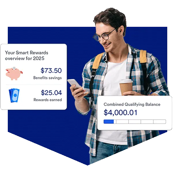 Person smiling viewing bank rewards earned 